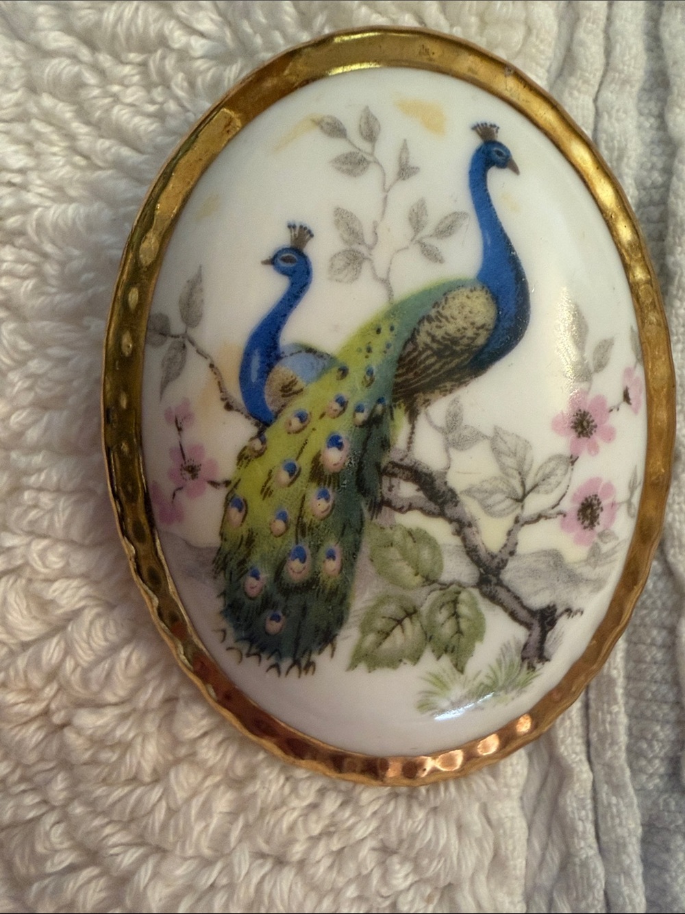 Vintage countess Porcelain Peacock Brooch with Gold Frame 1950s